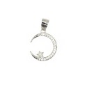 Moon pendant with star shape pavé of white zircons white gold plated in 925 silver
