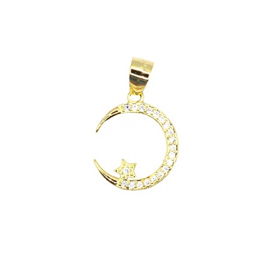 Ciondolo luna con sagoma stella a pavé di zirconi bianchi placcato oro giallo in argento 925