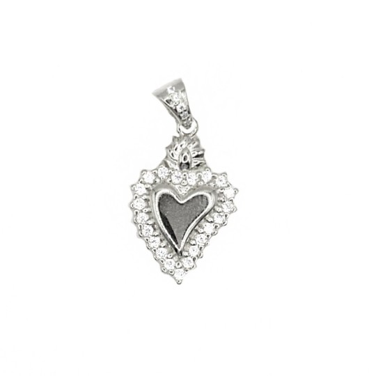 Sacred heart pendant engraved in a frame of white zircons and a white semi-zircon counter-link, white gold plated in 925 silver