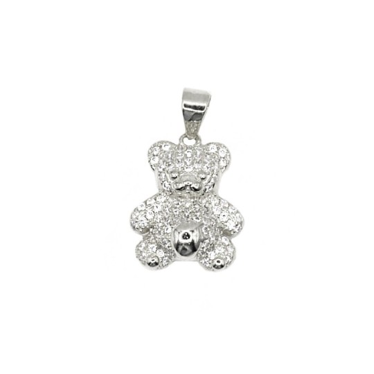 Domed bear pendant with white zircon pavé, white gold plated in 925 silver