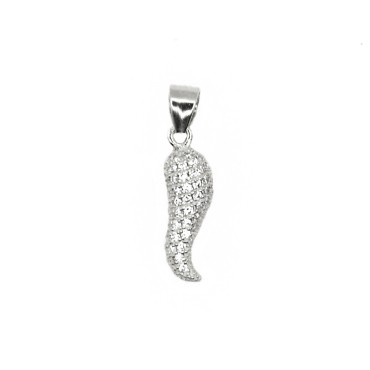 Pave horn pendant with white zircons white gold plated in 925 silver