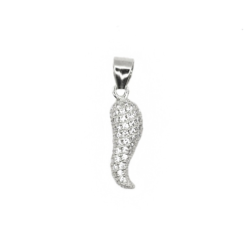 Pave horn pendant with white zircons white gold plated in 925 silver