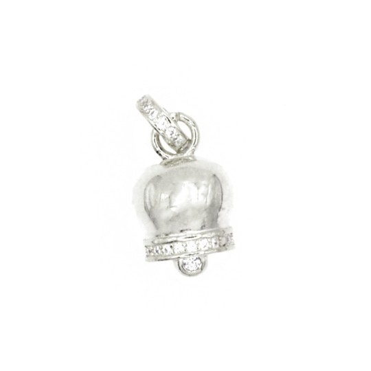 Ciondolo campanella con bordo e contromaglia zirconati bianchi placcata oro bianco in argento 925