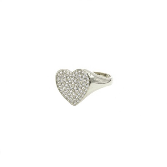 Pavé heart shield ring with white zircons white gold plated in 925 silver