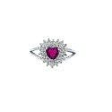 Adjustable ring with red zircon heart in double strand frame of white zircons white gold plated in 925 silver