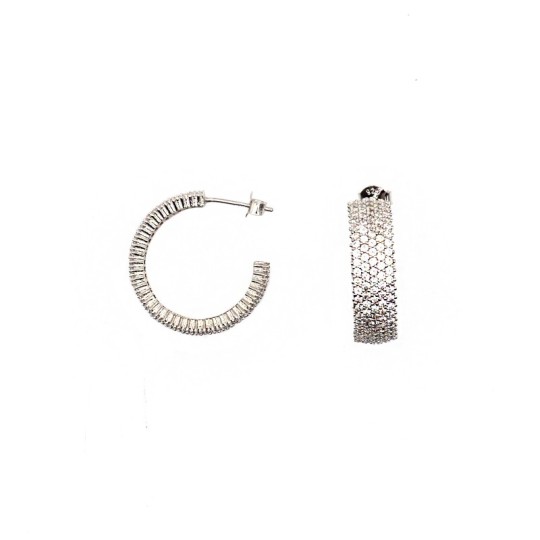 Orecchini a cerchio fascia bombata a pavé di zirconi bianchi con attacco a pressione placcati oro bianco in argento 925