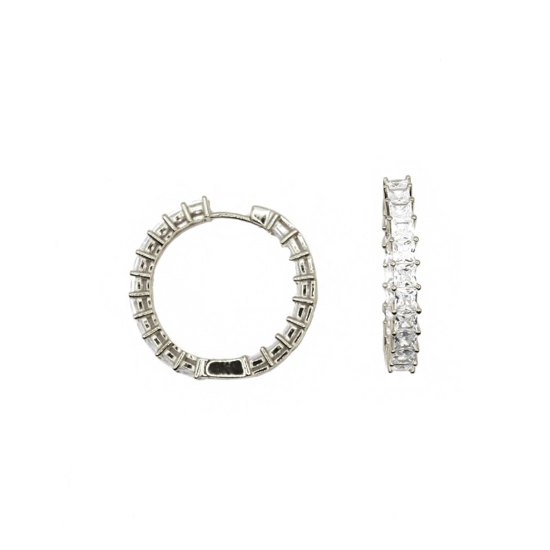 Hoop earrings ø 21.5 with front and internal carré-cut white zircons with white gold-plated snap closure in 925 silver
