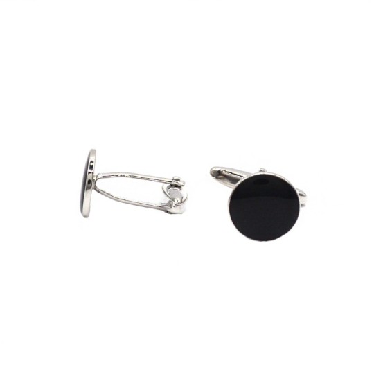 Gemelli tondi placcati oro bianco con smalto nero centrale in argento 925