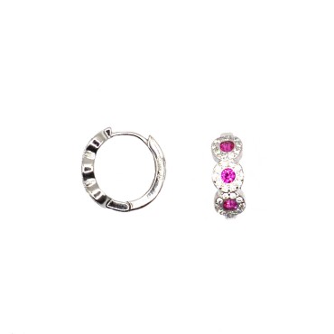 Hoop earring with snap closure and round red zircons in a frame of white zircons white gold plated in 925 silver