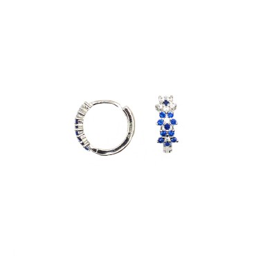 Hoop earrings with snap closure with white and blue zircon flowers white gold plated in 925 silver
