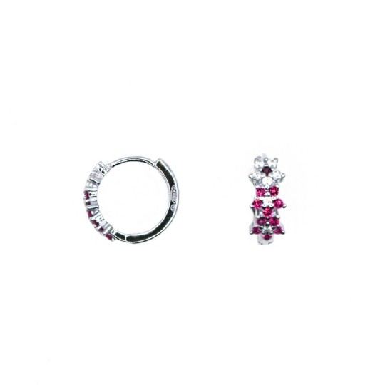 Orecchini a cerchio con chiusura a scattino con fiori zirconati bianchi e rossi placcato oro bianco in argento 925