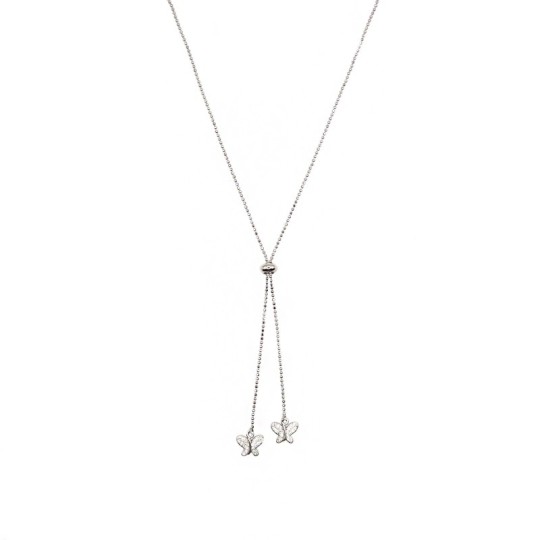Collana saliscendi maglia pallina diamantata con farfalle a pavé di zirconi bianchi placcata oro bianco in argento 925
