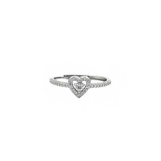 Adjustable white zircon heart shaped ring with central light point and white semi zircon shank white gold plated in 925 silver