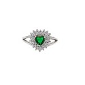 Adjustable ring with green zircon heart in double strand frame of white zircons white gold plated in 925 silver