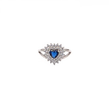 Anello regolabile con cuore di zircone blu in cornice a doppio filo di zirconi bianchi placcato oro bianco in argento 925