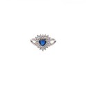 Adjustable ring with blue zircon heart in double strand frame of white zircons white gold plated in 925 silver