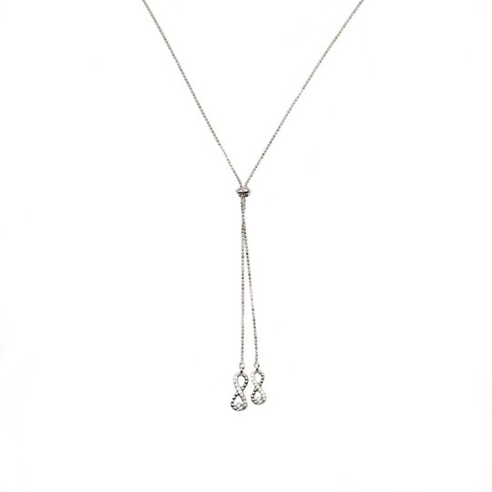Collana saliscendi maglia pallina diamantata con sagoma infinito semi zirconati bianchi placcata oro bianco in argento 925