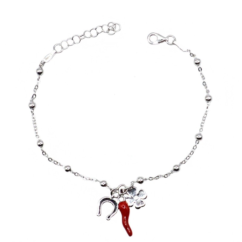 Bracciale maglia pallina alternata con pendenti scaramantici quadrifoglio con punto luce, corno smaltato rosso e ferro di cavall
