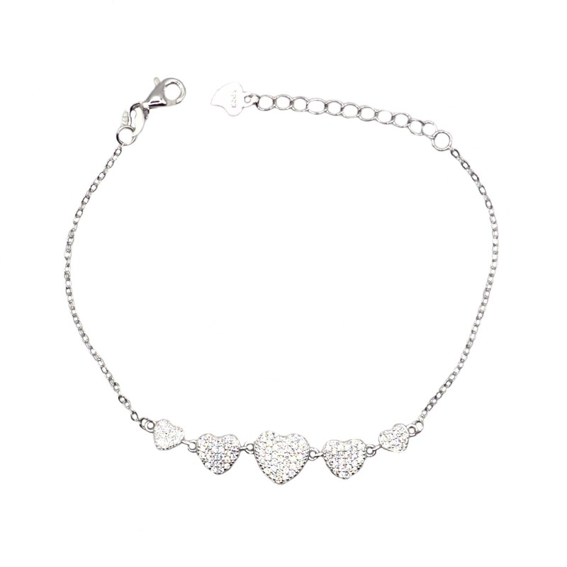 Forzatina mesh bracelet with pavé hearts of white zircons degradée white gold plated in 925 silver