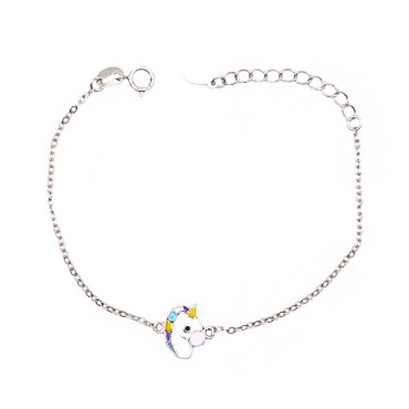 Bracciale maglia forzatina con unicorno smaltato centrale placcato oro bianco in argento 925