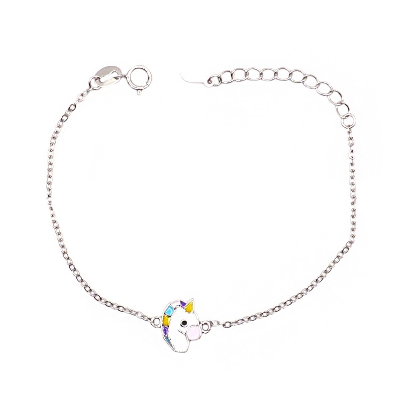 Forzatina link bracelet with central enamelled unicorn, white gold plated in 925 silver