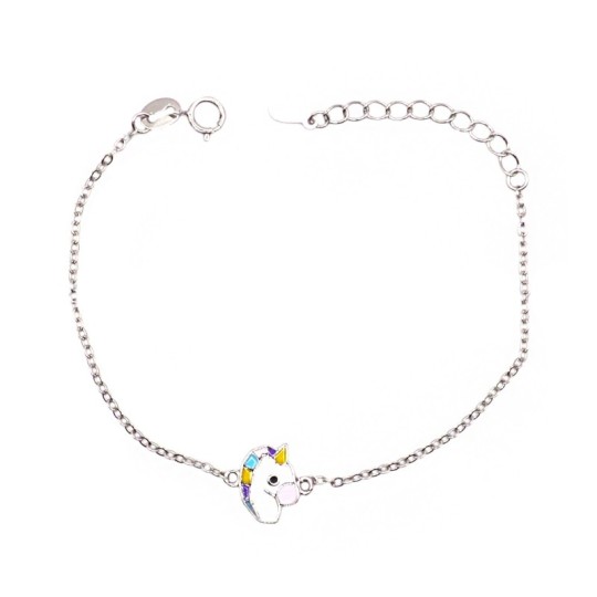 Bracciale maglia forzatina con unicorno smaltato centrale placcato oro bianco in argento 925