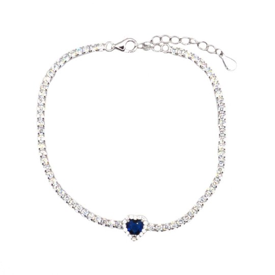 Tennis bracelet with central blue zircon heart in a frame of white zircons, white gold plated in 925 silver