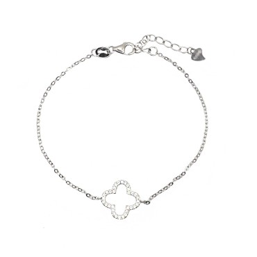 Rolo mesh bracelet with white zircon flower shape, white gold plated in 925 silver