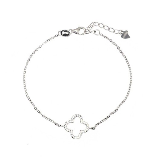 Rolo mesh bracelet with white zircon flower shape, white gold plated in 925 silver