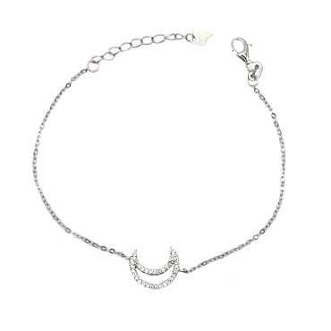 Rolo link bracelet with white zircon moon shape, white gold plated in 925 silver