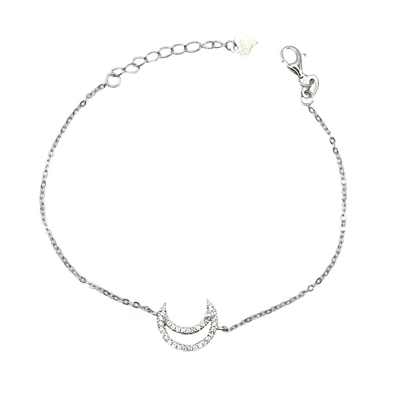 Bracciale maglia rolò con sagoma luna zirconata bianca placcato oro bianco in argento 925