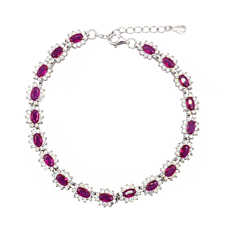 Bracelet with red oval zircons in a frame of white zircons white gold plated in 925 silver