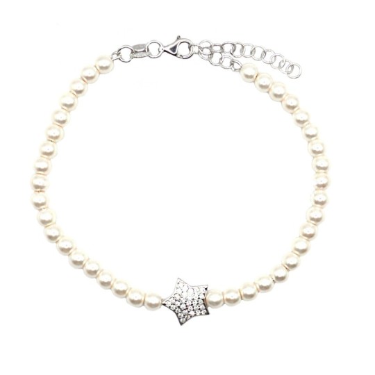 Bracciale di perle con centrale stella a pavé di zirconi bianchi placcato oro bianco in argento 925