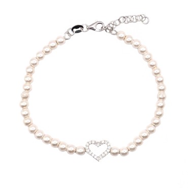 Bracciale di perle con sagoma a cuore centrale zirconato bianco placcato oro bianco in argento 925