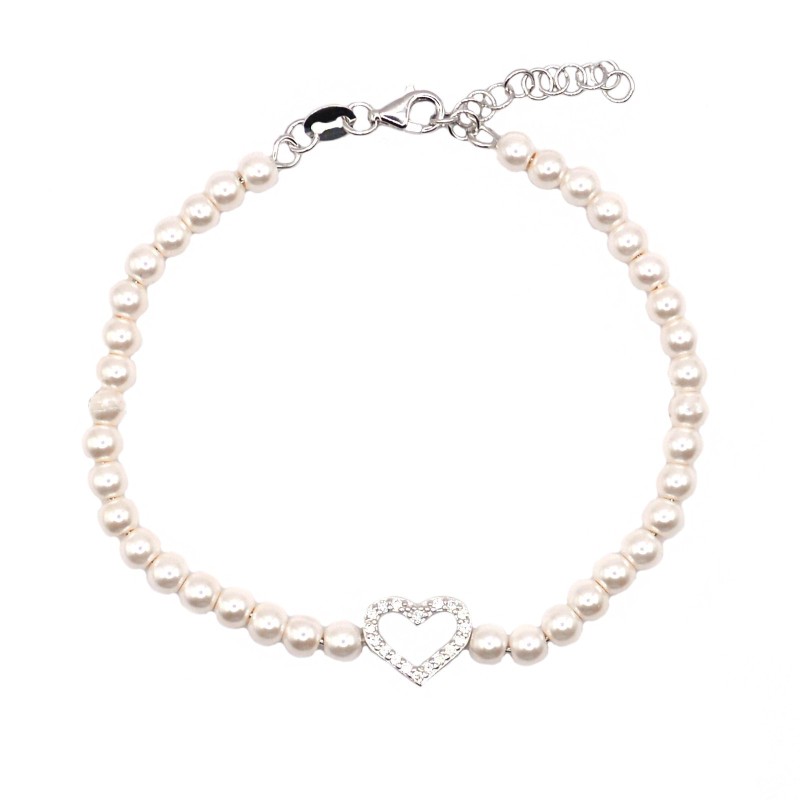 Bracciale di perle con sagoma a cuore centrale zirconato bianco placcato oro bianco in argento 925