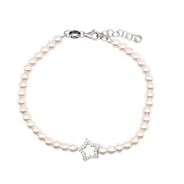 Pearl bracelet with central star shape in white zircon, white gold plated in 925 silver