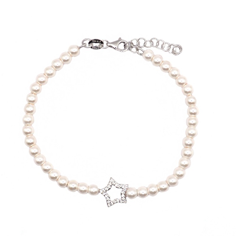 Bracciale di perle con sagoma a stella centrale zirconato bianco placcato oro bianco in argento 925