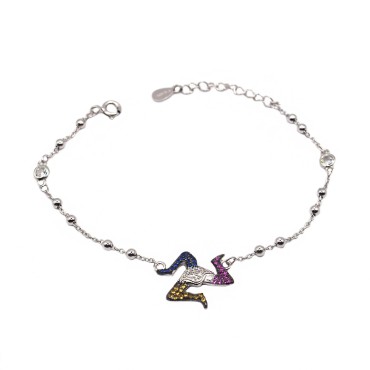 Bracciale maglia pallina alternata con punto luce e trinacria con zirconi multicolor centrale placcato oro bianco in argento 925