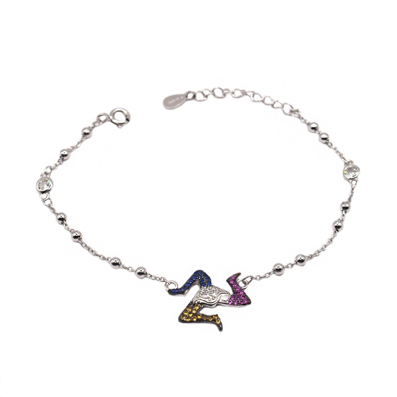 Alternating ball mesh bracelet with light point and trinacria with central multicolor zircons white gold plated in 925 silver