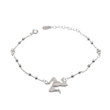 Alternating ball link bracelet with light point and central white zircon pavé trinacria white gold plated in 925 silver