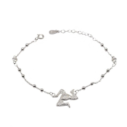 Bracciale maglia pallina alternata con punto luce e trinacria a pavé di zirconi bianchi centrale placcato oro bianco in argento 