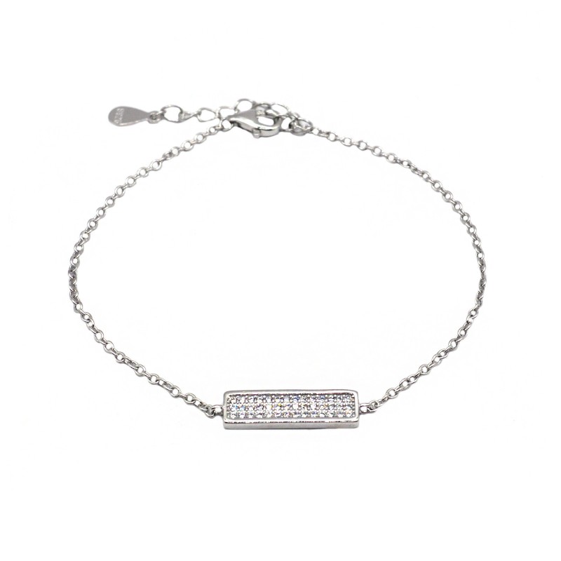 Bracciale maglia rolò con targa centrale zirconata bianca placcato oro bianco in argento 925