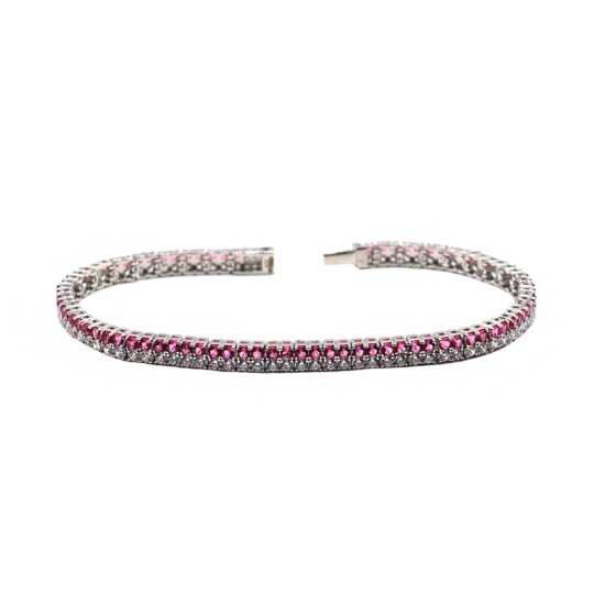 Tennis bracelet with two strands of pink and white zircons, white gold plated in 925 silver