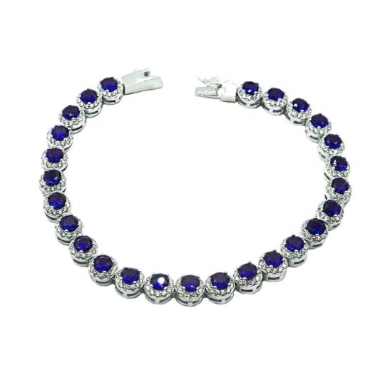 Blue round zircon bracelet in 925 silver white gold plated white zircon frame