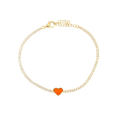 White zircon tennis bracelet with central orange enamelled heart yellow gold plated in 925 silver