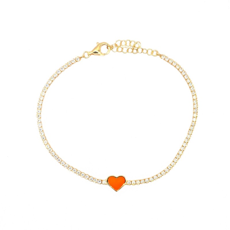White zircon tennis bracelet with central orange enamelled heart yellow gold plated in 925 silver