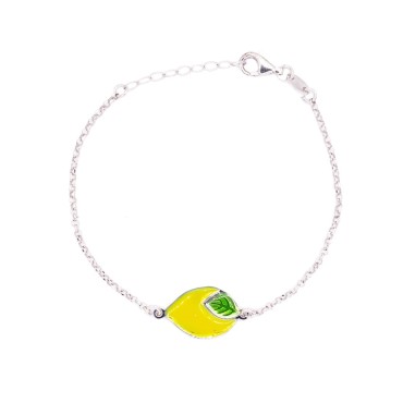 Rolo mesh bracelet with central enameled lemon white gold plated in 925 silver