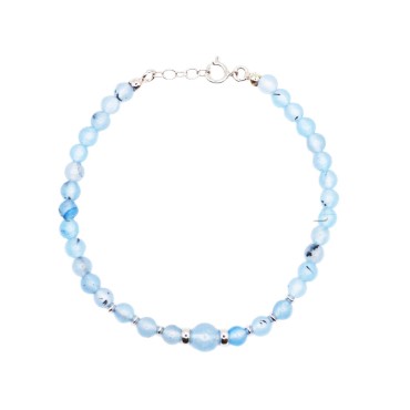 Blue agate ball bracelet with white gold plated silver washers