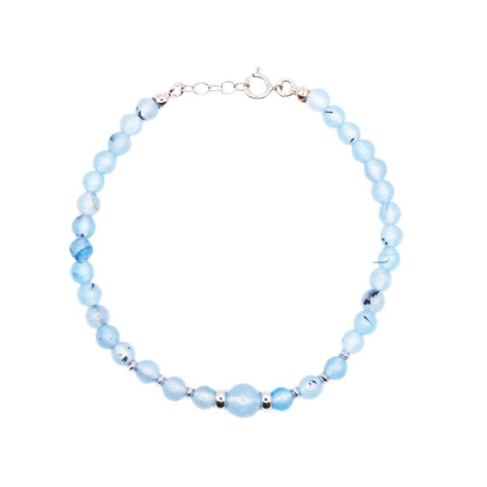 Bracciale a sfere in agata azzurra con rondelle in argento placcato oro bianco