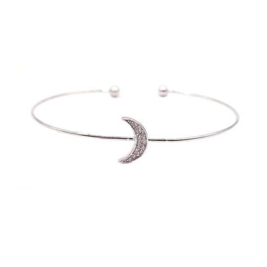 Bracciale rigido con luna centrale a pavè di zirconi  bianchi e sfere terminali placcato oro bianco in argento 925